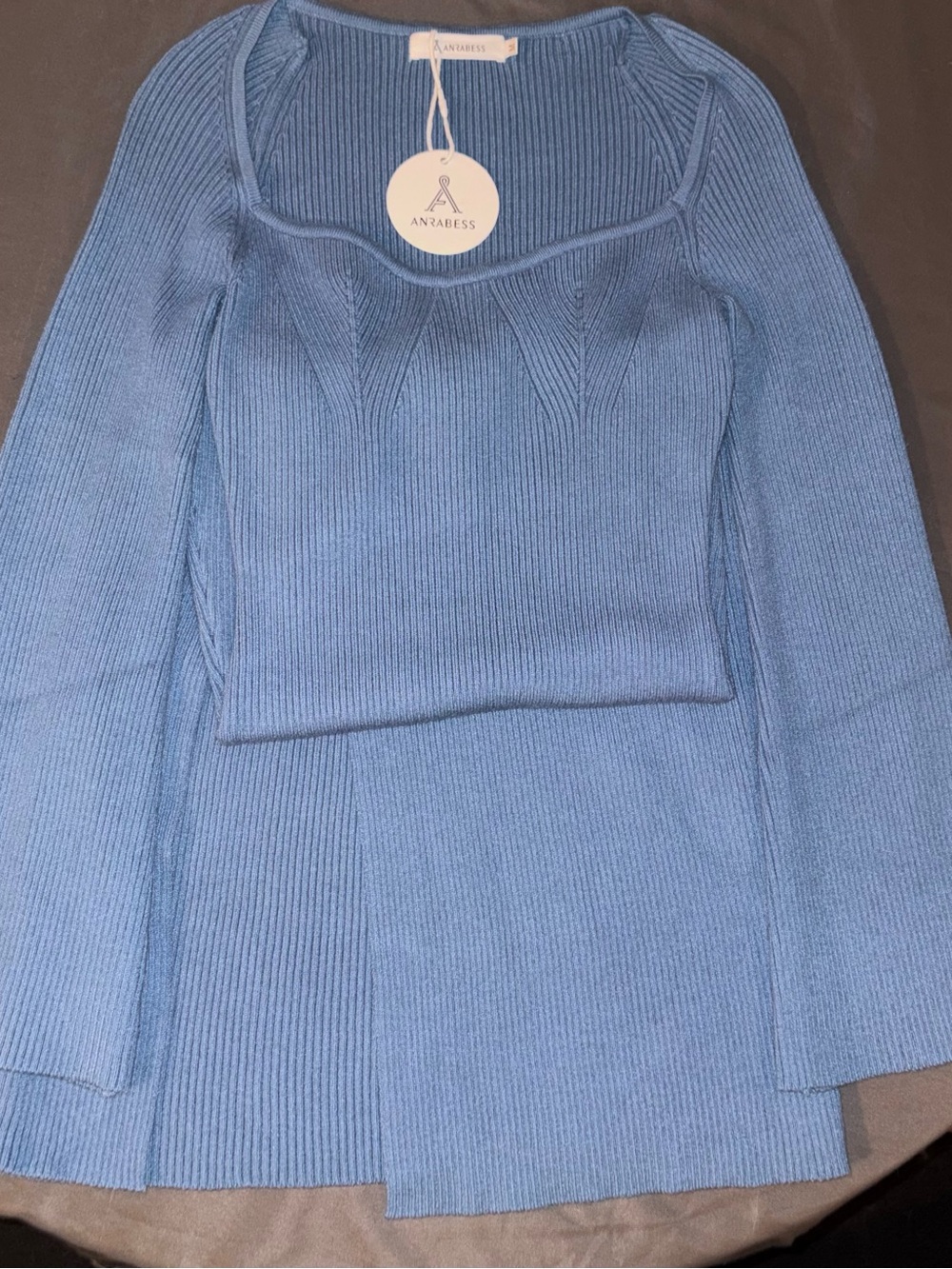 Anabess Blue Ribbed Long-Sleeve Women's Sweater dress